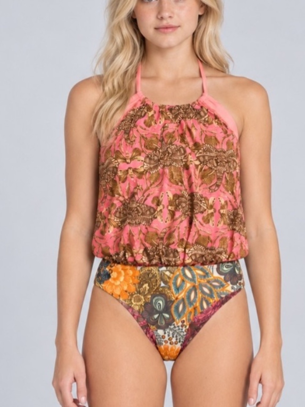 Maaji Pink Floral Mixed Print Blouson Halter Swimsuit Size Girls 14 34752